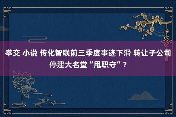 拳交 小说 传化智联前三季度事迹下滑 转让子公司停建大名堂“甩职守”？